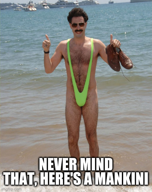 Borat Mankini | NEVER MIND THAT, HERE'S A MANKINI | image tagged in borat mankini | made w/ Imgflip meme maker