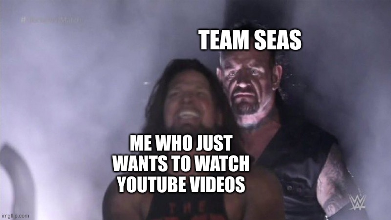 s e a s | TEAM SEAS; ME WHO JUST WANTS TO WATCH YOUTUBE VIDEOS | image tagged in guy behind another guy | made w/ Imgflip meme maker