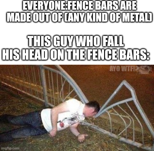 Ouch | EVERYONE:FENCE BARS ARE MADE OUT OF (ANY KIND OF METAL); THIS GUY WHO FALL HIS HEAD ON THE FENCE BARS:; AYO WTF!? | image tagged in memes | made w/ Imgflip meme maker