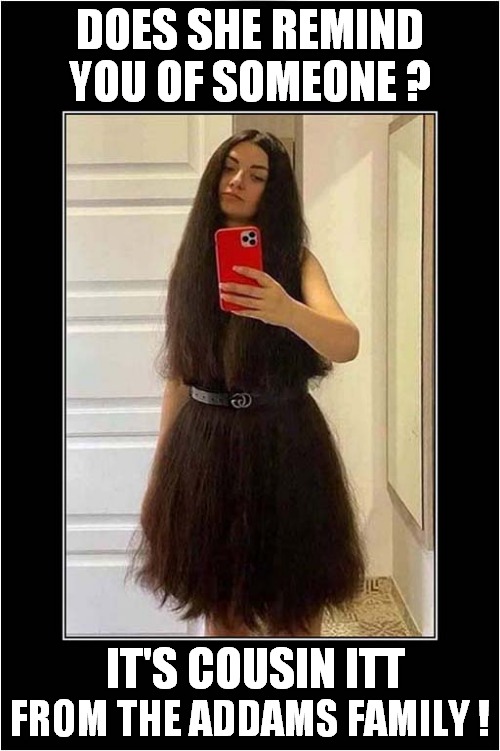 She's Creepy And She's Kooky | DOES SHE REMIND YOU OF SOMEONE ? IT'S COUSIN ITT; FROM THE ADDAMS FAMILY ! | image tagged in long hair,addams family | made w/ Imgflip meme maker