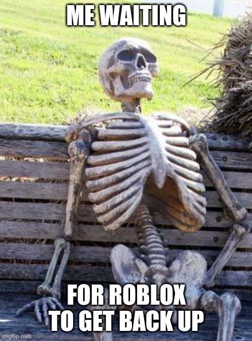 When Roblox when | ME WAITING; FOR ROBLOX TO GET BACK UP | image tagged in memes,waiting skeleton,roblox | made w/ Imgflip meme maker