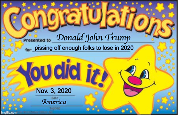 Congratulations, Loser. | Donald John Trump; pissing off enough folks to lose in 2020; Nov. 3, 2020; America | image tagged in memes,happy star congratulations,trump loser,election 2020,karma | made w/ Imgflip meme maker