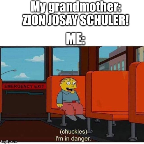 I'm in danger | My grandmother: ZION JOSAY SCHULER! ME: | image tagged in i'm in danger | made w/ Imgflip meme maker