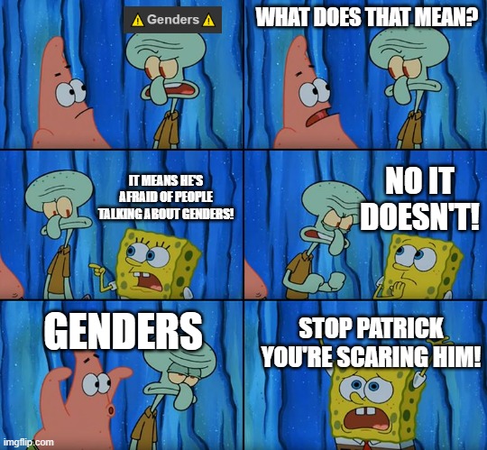 msmg in a nutshell | WHAT DOES THAT MEAN? NO IT DOESN'T! IT MEANS HE'S AFRAID OF PEOPLE TALKING ABOUT GENDERS! GENDERS; STOP PATRICK YOU'RE SCARING HIM! | image tagged in stop it patrick you're scaring him | made w/ Imgflip meme maker