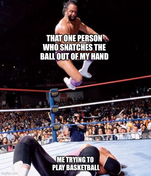 Randy Savage | THAT ONE PERSON WHO SNATCHES THE BALL OUT OF MY HAND; ME TRYING TO  PLAY BASKETBALL | image tagged in randy savage | made w/ Imgflip meme maker