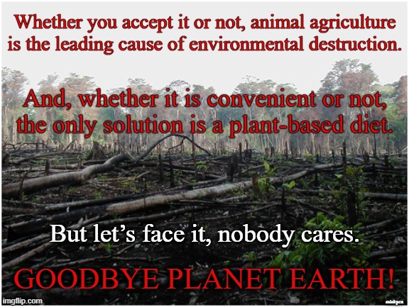 Goodbye Planet Earth! | Whether you accept it or not, animal agriculture
is the leading cause of environmental destruction. And, whether it is convenient or not,
the only solution is a plant-based diet. But let’s face it, nobody cares. GOODBYE PLANET EARTH! minkpen | image tagged in vegan,environment,climate change,meat,dairy,farming | made w/ Imgflip meme maker