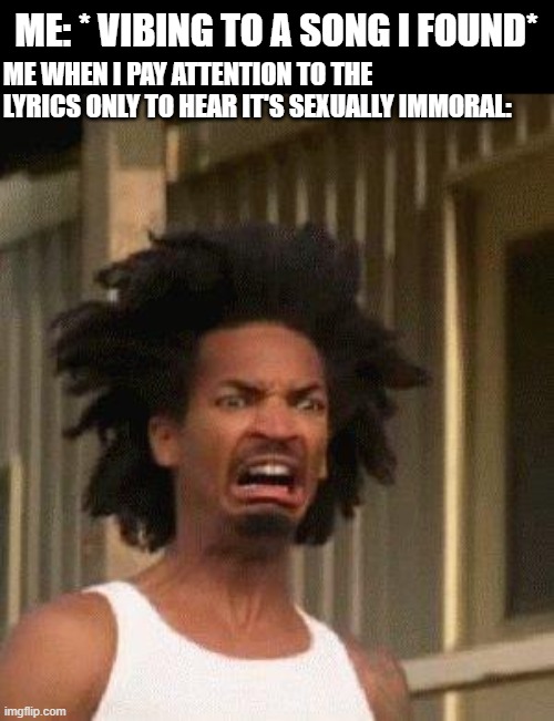 My experience was not so noice | ME: * VIBING TO A SONG I FOUND*; ME WHEN I PAY ATTENTION TO THE LYRICS ONLY TO HEAR IT'S SEXUALLY IMMORAL: | image tagged in disgusted face,locked out of heaven,purity | made w/ Imgflip meme maker