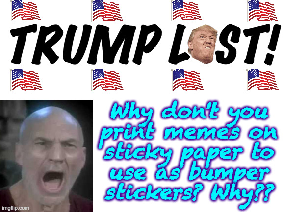 Y u no print u some bumper stickers?  (I assume no responsibility for any damage to ur vehicle.) | TRUMP L  ST! Why don't you
print memes on
sticky paper to
use as bumper
stickers? Why?? | image tagged in memes,trump lost,bumper stickers,agolf dork,picard four lights,expect revenge | made w/ Imgflip meme maker
