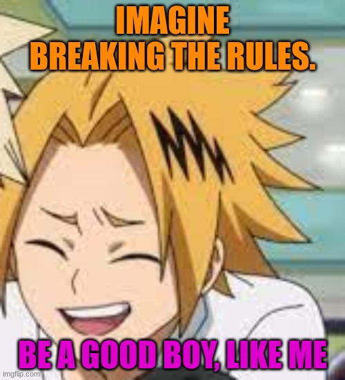 Or a good girl, or a good attack helicopter, just be a good whatever you want to be | IMAGINE BREAKING THE RULES. BE A GOOD BOY, LIKE ME | image tagged in waughing denki | made w/ Imgflip meme maker