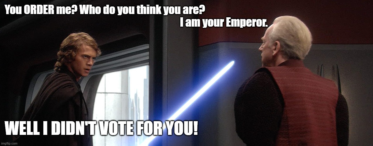 I didn't vote for you | You ORDER me? Who do you think you are?
                                                                                     I am your Emperor. WELL I DIDN'T VOTE FOR YOU! | image tagged in star wars,monty python and the holy grail | made w/ Imgflip meme maker