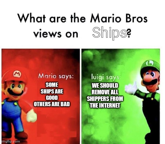 Mario Bros Views | Ships; SOME SHIPS ARE GOOD OTHERS ARE BAD; WE SHOULD REMOVE ALL SHIPPERS FROM THE INTERNET | image tagged in mario bros views | made w/ Imgflip meme maker