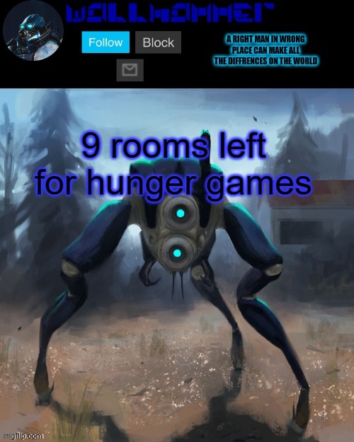 9 rooms left for hunger games | image tagged in wallhammer hunter temp | made w/ Imgflip meme maker