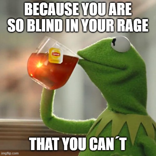But That's None Of My Business Meme | BECAUSE YOU ARE SO BLIND IN YOUR RAGE THAT YOU CAN´T | image tagged in memes,but that's none of my business,kermit the frog | made w/ Imgflip meme maker