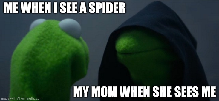 Spooder :::) | ME WHEN I SEE A SPIDER; MY MOM WHEN SHE SEES ME | image tagged in memes,evil kermit,relatable,bruh,in a nutshell | made w/ Imgflip meme maker