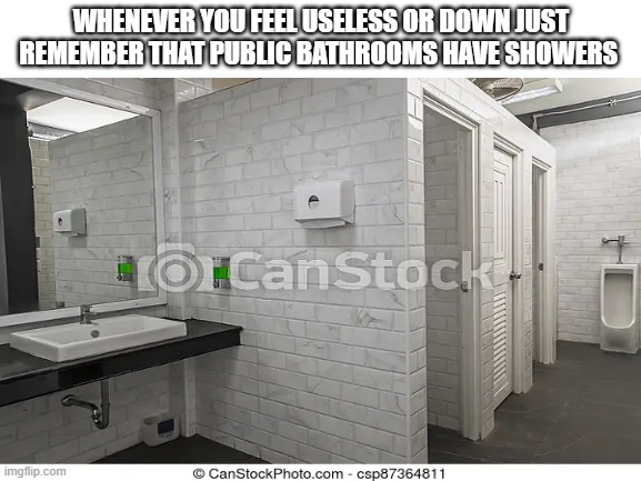 WHENEVER YOU FEEL USELESS OR DOWN JUST REMEMBER THAT PUBLIC BATHROOMS HAVE SHOWERS | image tagged in bathroom | made w/ Imgflip meme maker