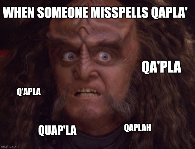 GOWRON | WHEN SOMEONE MISSPELLS QAPLA'; QA'PLA; Q'APLA; QAPLAH; QUAP'LA | image tagged in gowron | made w/ Imgflip meme maker