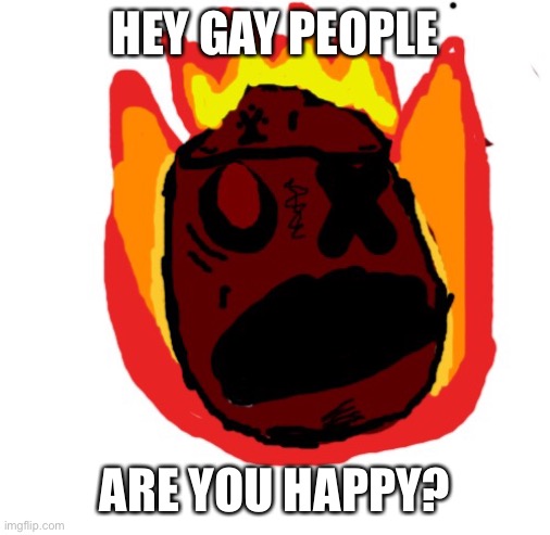 Angy man burns alive | HEY GAY PEOPLE; ARE YOU HAPPY? | image tagged in angy man burns alive | made w/ Imgflip meme maker