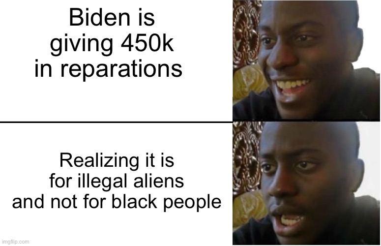 Disappointed Black Guy | Biden is giving 450k in reparations; Realizing it is for illegal aliens and not for black people | image tagged in disappointed black guy | made w/ Imgflip meme maker