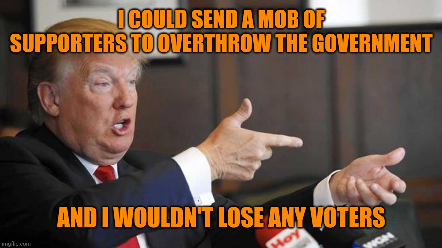 Braindead Trumpers | I COULD SEND A MOB OF SUPPORTERS TO OVERTHROW THE GOVERNMENT; AND I WOULDN'T LOSE ANY VOTERS | image tagged in trump shoots | made w/ Imgflip meme maker