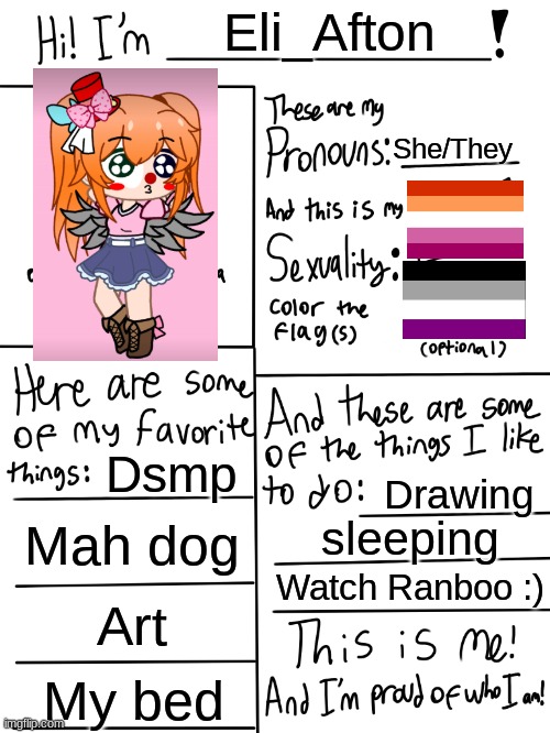 ^v^ | Eli_Afton; She/They; Dsmp; Drawing; Mah dog; sleeping; Watch Ranboo :); Art; My bed | image tagged in lgbtq stream account profile | made w/ Imgflip meme maker