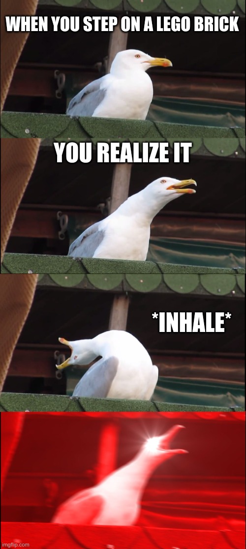true pain | WHEN YOU STEP ON A LEGO BRICK; YOU REALIZE IT; *INHALE* | image tagged in memes,inhaling seagull | made w/ Imgflip meme maker