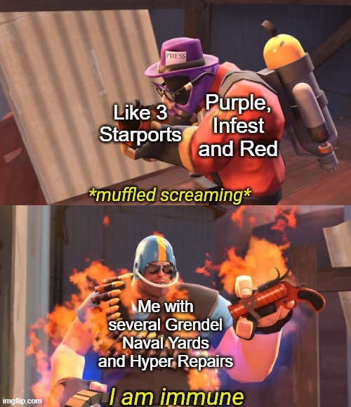 Mounted Phalanx Turrets go BRRR | Purple, Infest and Red; Like 3 Starports; Me with several Grendel Naval Yards and Hyper Repairs | image tagged in lazypurple i am immune,gaming | made w/ Imgflip meme maker