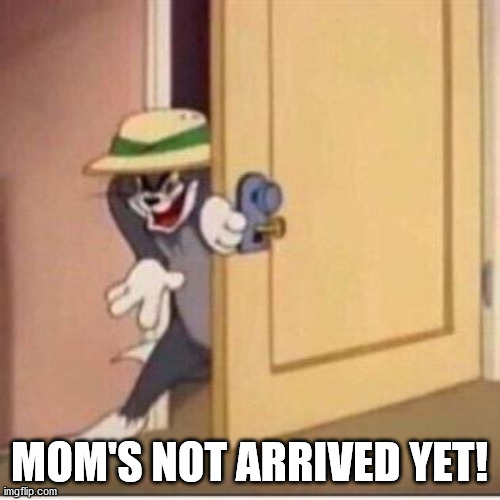 Sneaky tom | MOM'S NOT ARRIVED YET! | image tagged in sneaky tom | made w/ Imgflip meme maker