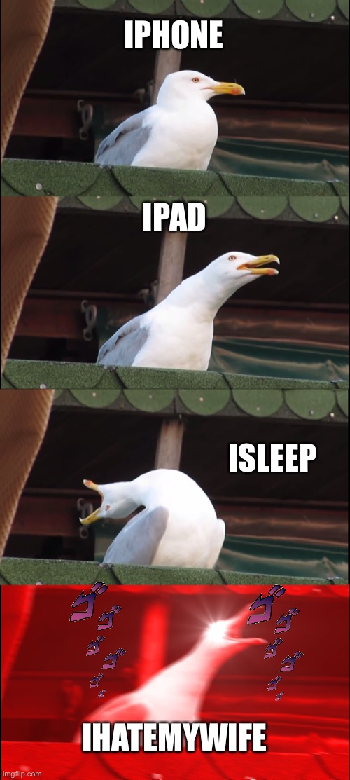 Hah i hate facebook memes | IPHONE; IPAD; ISLEEP; IHATEMYWIFE | image tagged in memes,inhaling seagull,terriblefacebookmemes | made w/ Imgflip meme maker