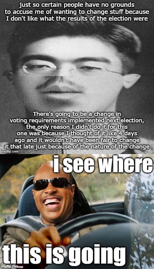 Not saying what but I am placing all my money on what I think it is | image tagged in stevie wonder driving i see where this is going,voting | made w/ Imgflip meme maker