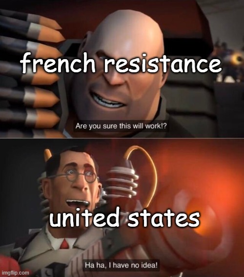 French and the US in 1944 colorized | french resistance; united states | image tagged in i have no idea complete | made w/ Imgflip meme maker