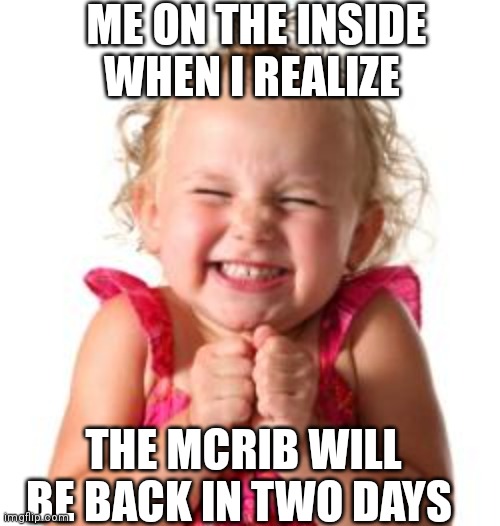 excited girl | ME ON THE INSIDE WHEN I REALIZE; THE MCRIB WILL BE BACK IN TWO DAYS | image tagged in excited girl | made w/ Imgflip meme maker