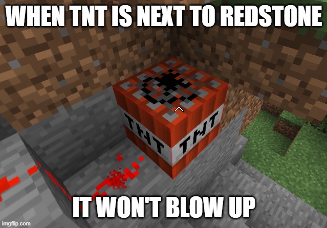 When Tnt Is Next To Redstone | WHEN TNT IS NEXT TO REDSTONE; IT WON'T BLOW UP | image tagged in minecraft,tnt | made w/ Imgflip meme maker