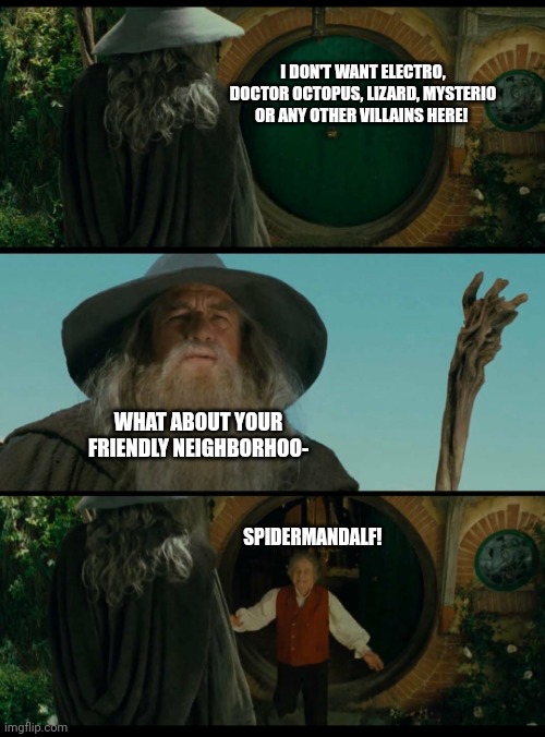 Spidermandalf | I DON'T WANT ELECTRO, DOCTOR OCTOPUS, LIZARD, MYSTERIO OR ANY OTHER VILLAINS HERE! WHAT ABOUT YOUR FRIENDLY NEIGHBORHOO-; SPIDERMANDALF! | image tagged in gandalf | made w/ Imgflip meme maker