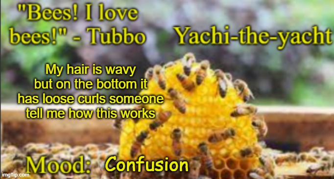 Yachi's bees temp | My hair is wavy but on the bottom it has loose curls someone tell me how this works; Confusion | image tagged in yachi's bees temp | made w/ Imgflip meme maker