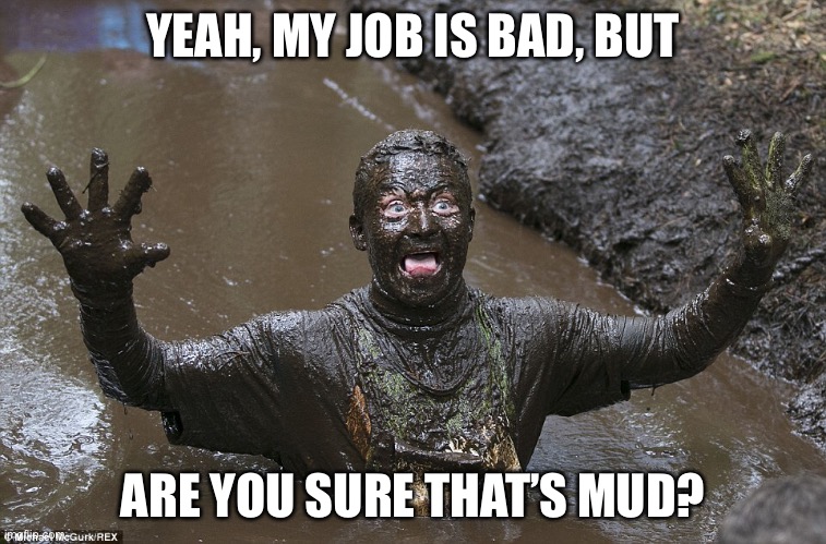 YEAH, MY JOB IS BAD, BUT; ARE YOU SURE THAT’S MUD? | image tagged in shit,bad joke | made w/ Imgflip meme maker