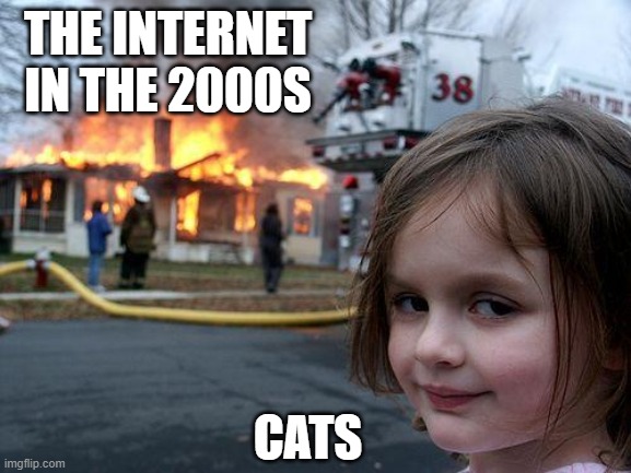 The Internet was so simple back then | THE INTERNET IN THE 2000S; CATS | image tagged in memes,disaster girl,cats,the internet,arson | made w/ Imgflip meme maker