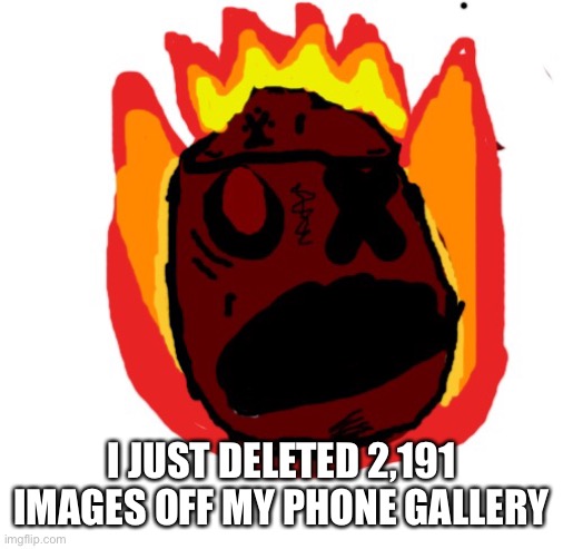 Angy man burns alive | I JUST DELETED 2,191 IMAGES OFF MY PHONE GALLERY | image tagged in angy man burns alive | made w/ Imgflip meme maker