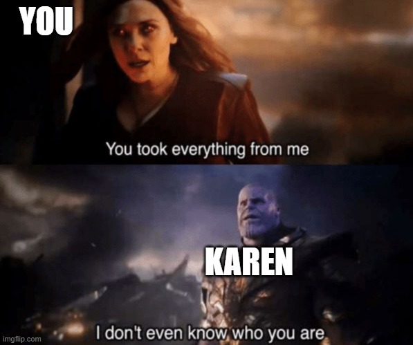 You took everything from me - I don't even know who you are | YOU KAREN | image tagged in you took everything from me - i don't even know who you are | made w/ Imgflip meme maker
