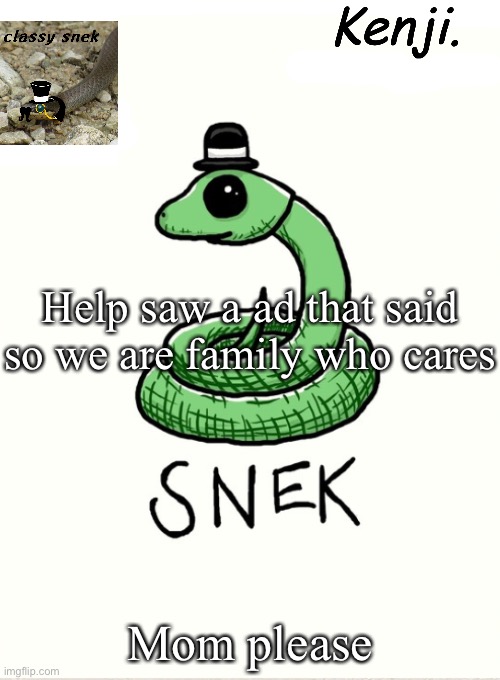 snek | Help saw a ad that said so we are family who cares; Mom please | image tagged in snek | made w/ Imgflip meme maker