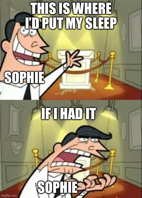 this is where i’d put my sleep if i had it (sophie from kotlc) |  THIS IS WHERE I’D PUT MY SLEEP; SOPHIE; IF I HAD IT; SOPHIE | image tagged in memes,this is where i'd put my trophy if i had one,kotlc,keeper of the lost cities | made w/ Imgflip meme maker