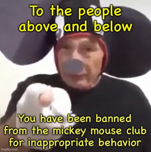 E | To the people above and below | image tagged in banned from the mickey mouse club | made w/ Imgflip meme maker