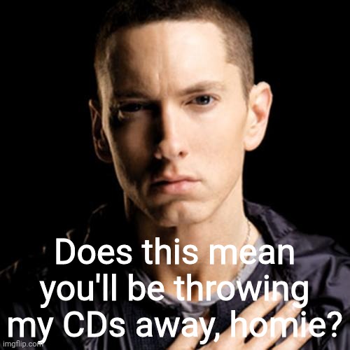 Eminem Meme | Does this mean you'll be throwing my CDs away, homie? | image tagged in memes,eminem | made w/ Imgflip meme maker
