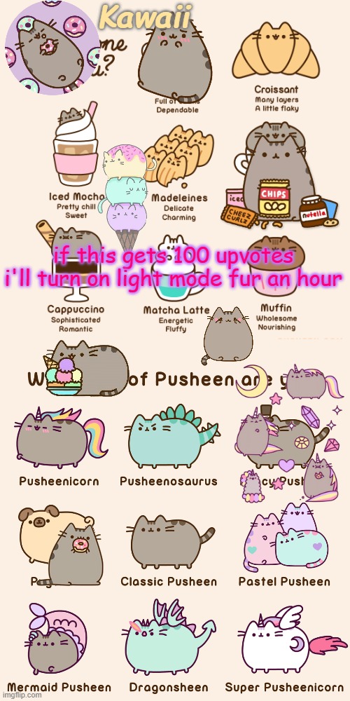 im risking my eyes just fur the upvotes | if this gets 100 upvotes i'll turn on light mode fur an hour | image tagged in pusheen overload | made w/ Imgflip meme maker