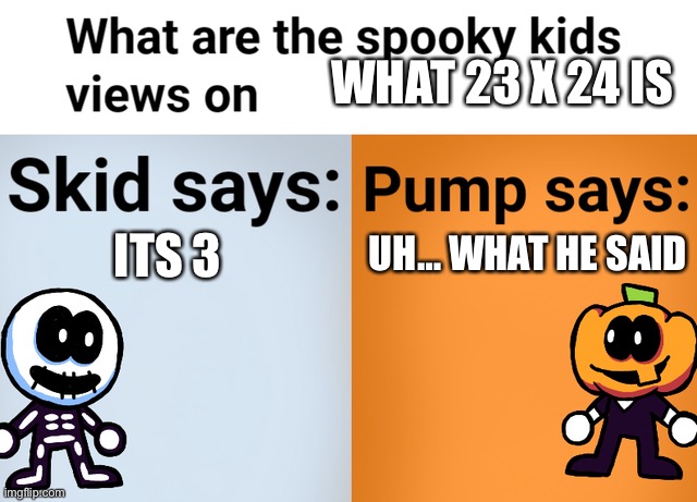 Copying someones answer like | WHAT 23 X 24 IS; ITS 3; UH… WHAT HE SAID | image tagged in spooky kids views | made w/ Imgflip meme maker