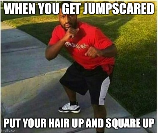 Square Up Meme | WHEN YOU GET JUMPSCARED; PUT YOUR HAIR UP AND SQUARE UP | image tagged in square up meme | made w/ Imgflip meme maker