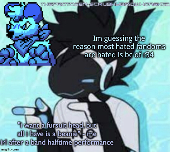 Protogen template (thx suga) | Im guessing the reason most hated fandoms are hated is bc of r34 | image tagged in protogen template thx suga | made w/ Imgflip meme maker