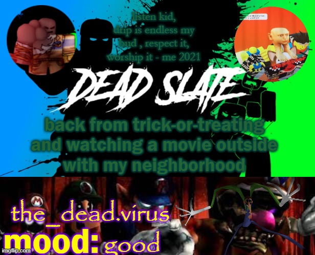 the_dead.virus temp | back from trick-or-treating
and watching a movie outside
with my neighborhood; good | image tagged in the_dead virus temp | made w/ Imgflip meme maker