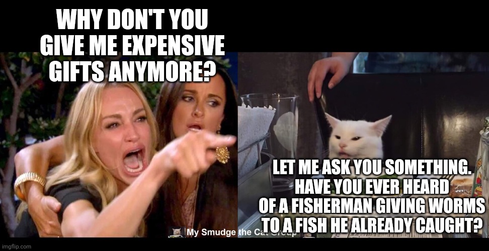 WHY DON'T YOU GIVE ME EXPENSIVE GIFTS ANYMORE? LET ME ASK YOU SOMETHING. HAVE YOU EVER HEARD OF A FISHERMAN GIVING WORMS TO A FISH HE ALREADY CAUGHT? | image tagged in smudge the cat | made w/ Imgflip meme maker