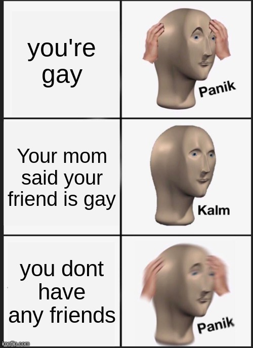 Panik Kalm Panik | you're gay; Your mom said your friend is gay; you don't have any friends | image tagged in memes,panik kalm panik | made w/ Imgflip meme maker