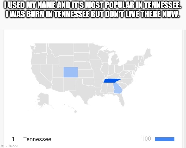 I USED MY NAME AND IT'S MOST POPULAR IN TENNESSEE. I WAS BORN IN TENNESSEE BUT DON'T LIVE THERE NOW. | made w/ Imgflip meme maker